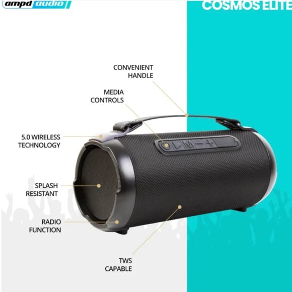 NWT AMPD Cosmos Elite 9.5 Watt Bluetooth Barrel Speaker - Picture 2 of 2
